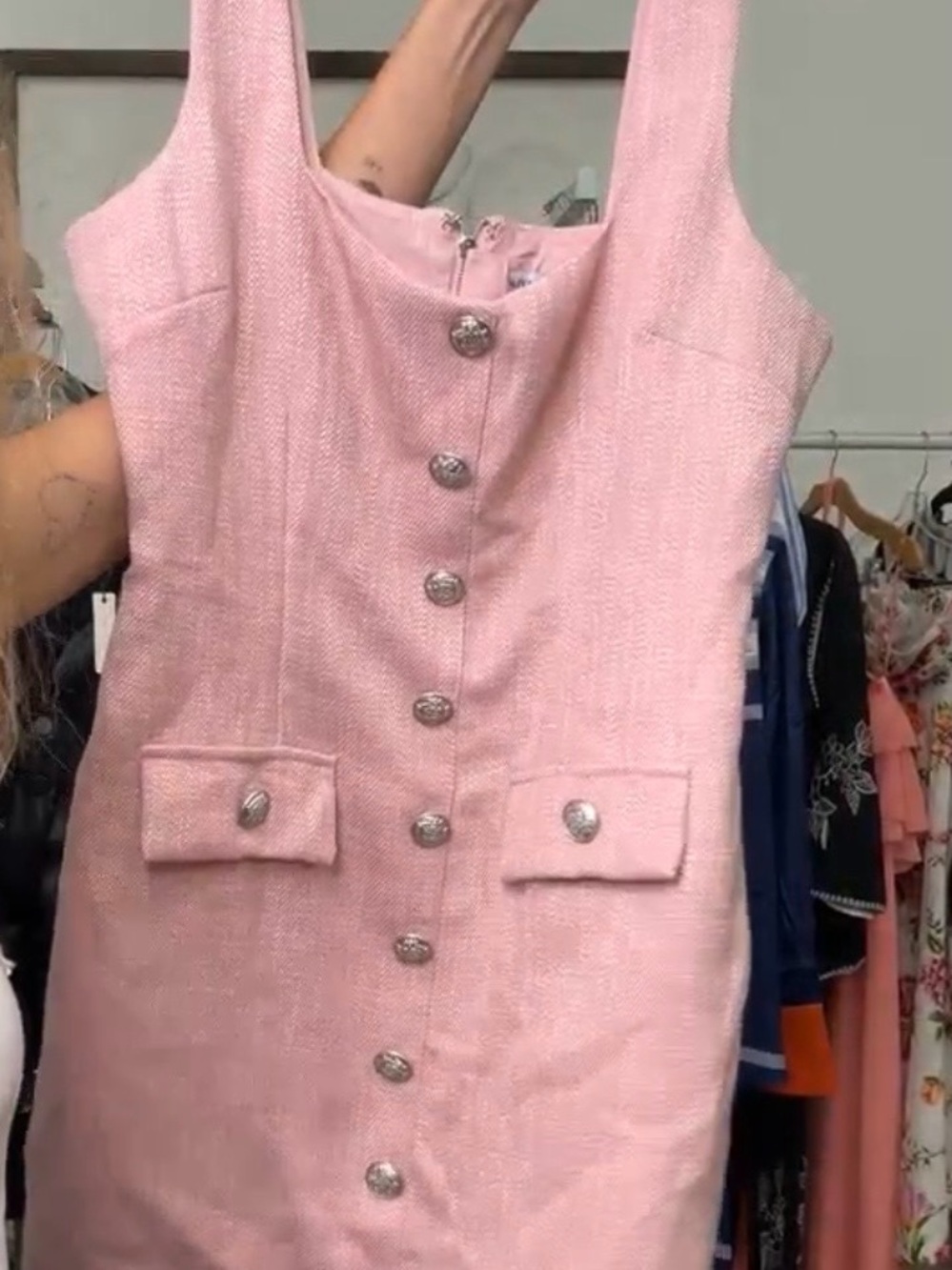 Sleeveless Pink Tweed Button-Front Mini Dress